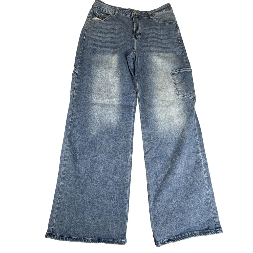 HME Jeans Womens XL Blue High Rise Wide Leg Cargo Stretch Raw Hem 32x30